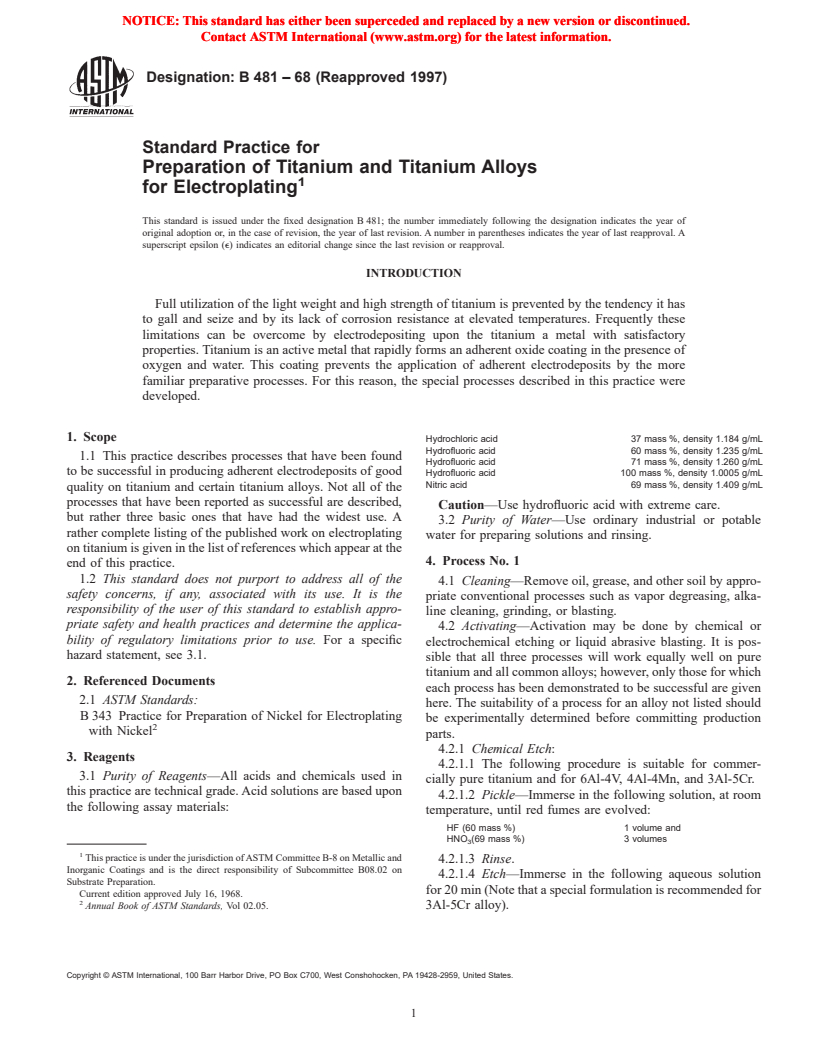 ASTM B481-68(1997) - Standard Practice for Preparation of Titanium and Titanium Alloys for Electroplating
