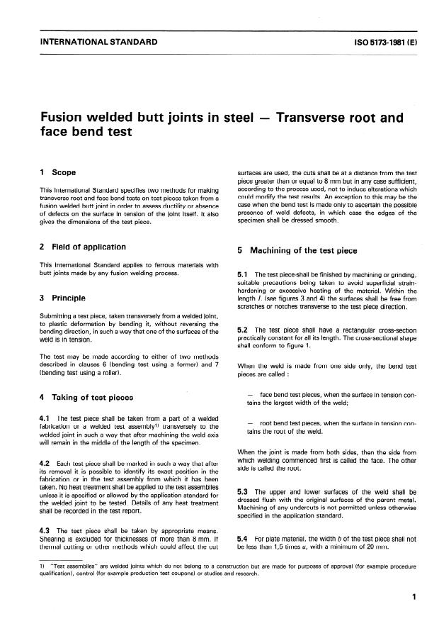 ISO 5173:1981 - Fusion welded butt joints in steel -- Transverse root and face bend test