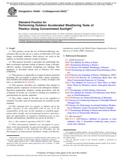 ASTM D4364-13(2022)e1 ASTM D4364-13(2022)e1 - Standard Practice for Performing Outdoor Accelerated Weathering Tests of Plastics Using Concentrated Sunlight - Page 1 preview