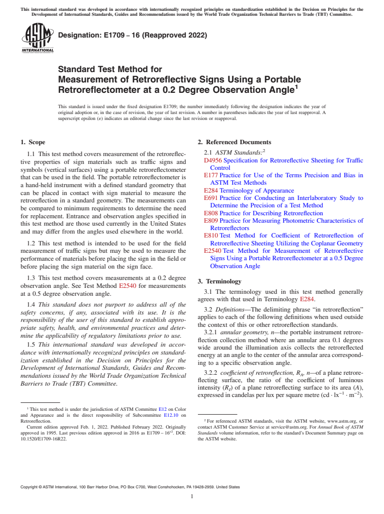 ASTM E1709-16(2022) - Standard Test Method for Measurement of Retroreflective Signs Using a Portable Retroreflectometer     at a 0.2 Degree Observation Angle