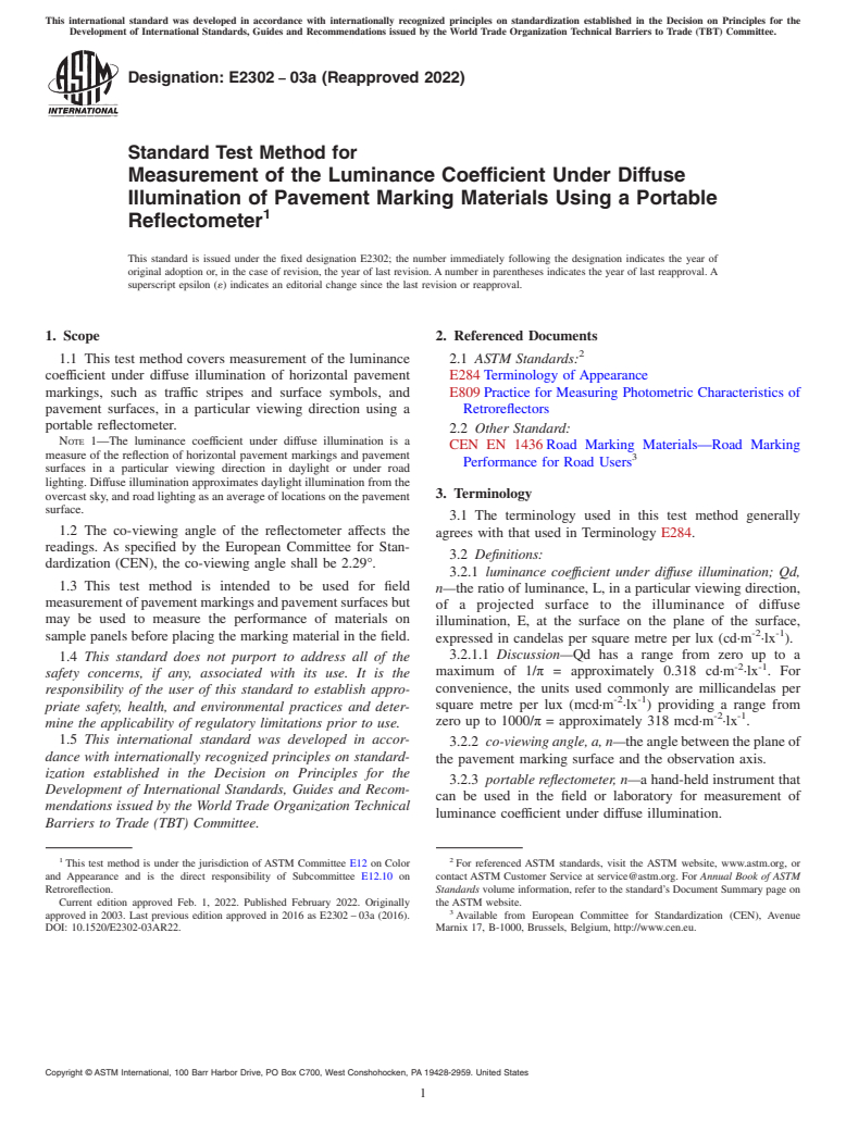 ASTM E2302-03a(2022) - Standard Test Method for Measurement of the Luminance Coefficient Under Diffuse Illumination     of Pavement Marking Materials Using a Portable Reflectometer