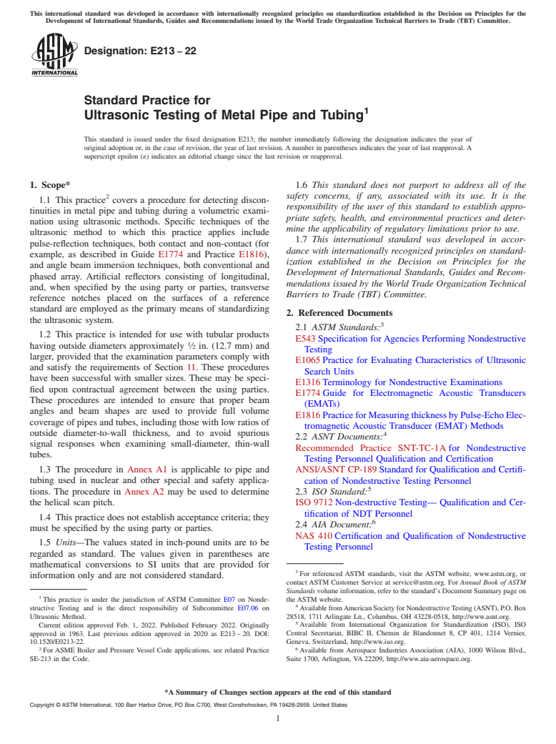 ASTM E213-22 - Standard Practice for  Ultrasonic Testing of Metal Pipe and Tubing