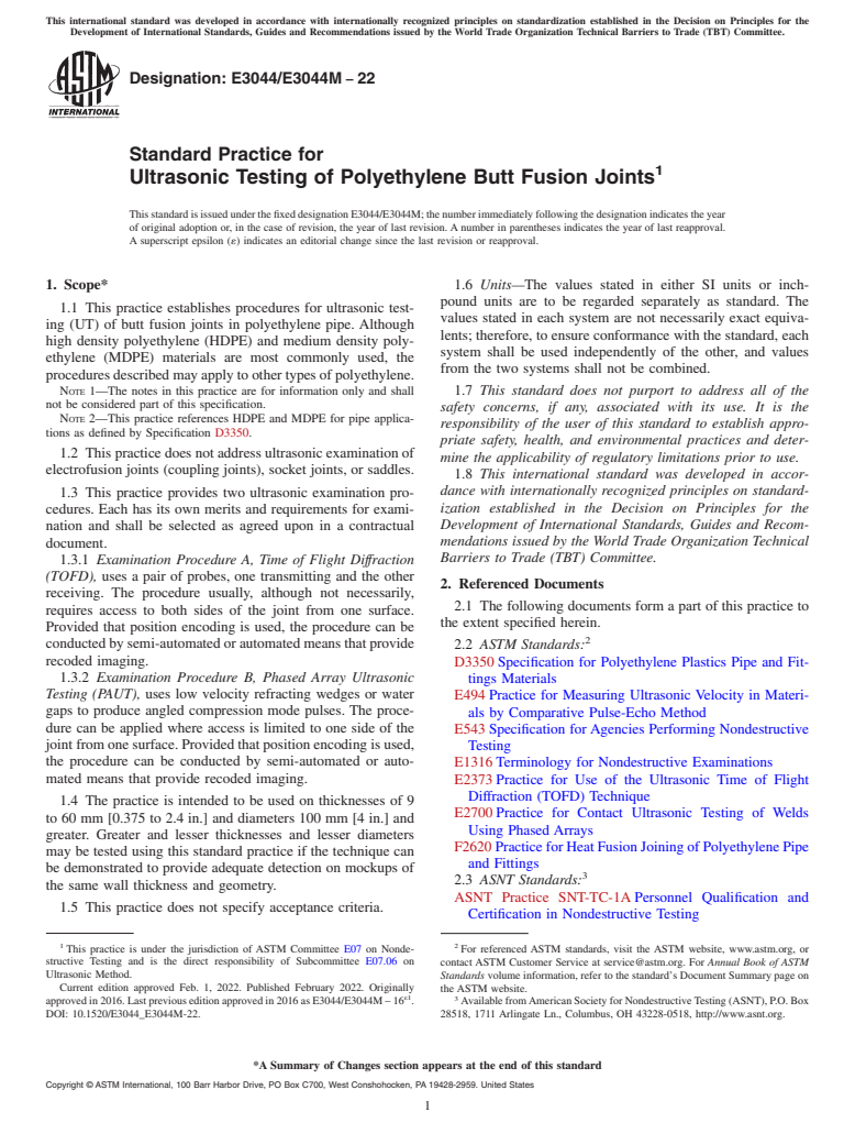ASTM E3044/E3044M-22 - Standard Practice for Ultrasonic Testing of Polyethylene Butt Fusion Joints