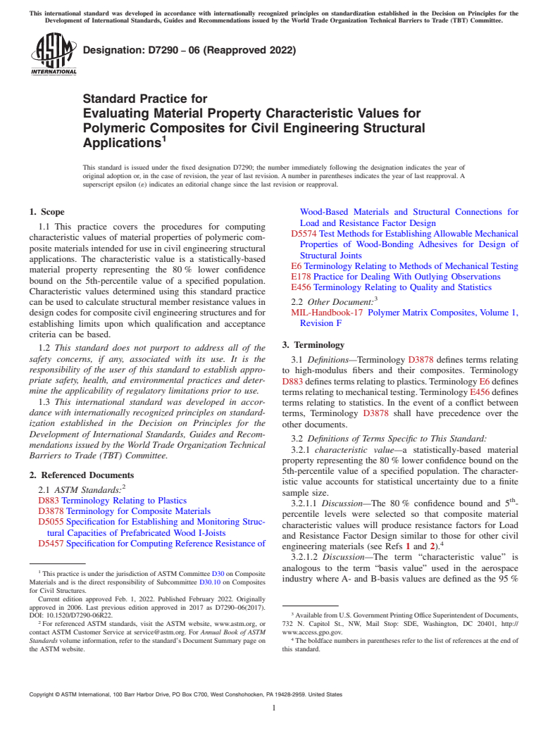 ASTM D7290-06(2022) - Standard Practice for  Evaluating Material Property Characteristic Values for Polymeric Composites for Civil Engineering Structural Applications