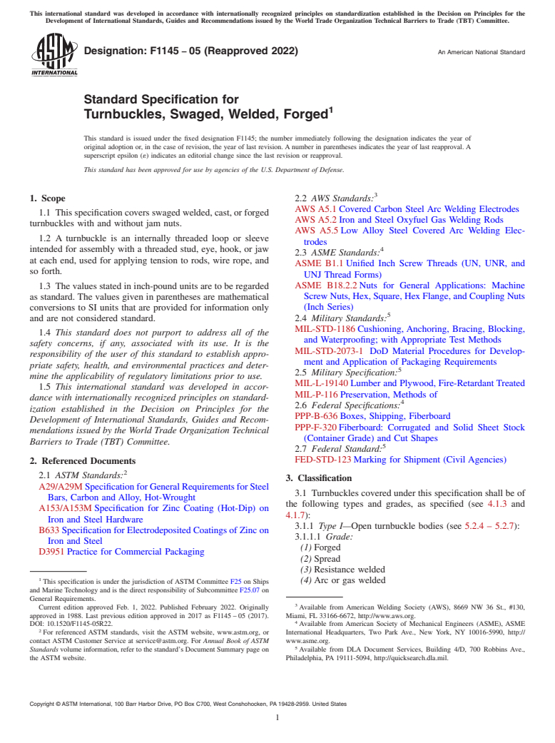 ASTM F1145-05(2022) - Standard Specification for  Turnbuckles, Swaged, Welded, Forged