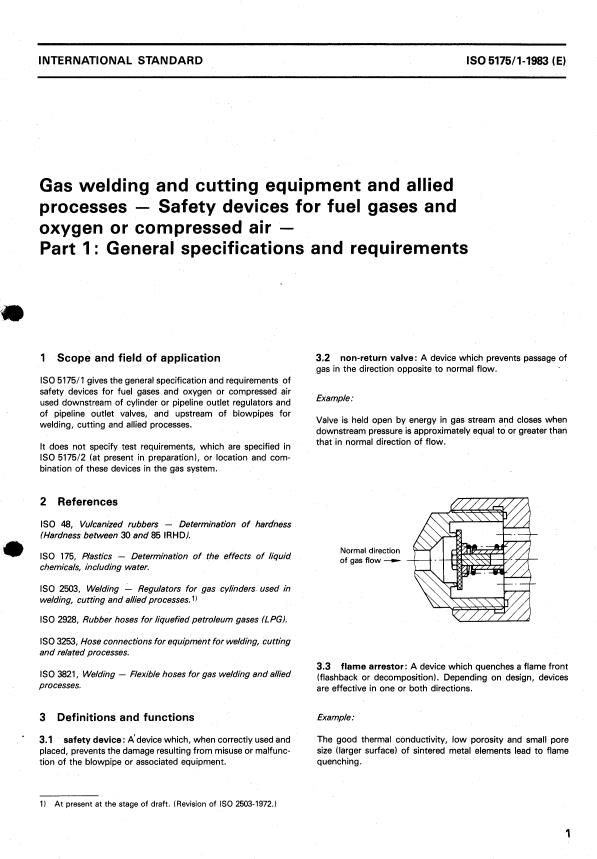 ISO 5175-1:1983 - Gas welding and cutting equipment and allied processes -- Safety devices for fuel gases and oxygen or compressed air
