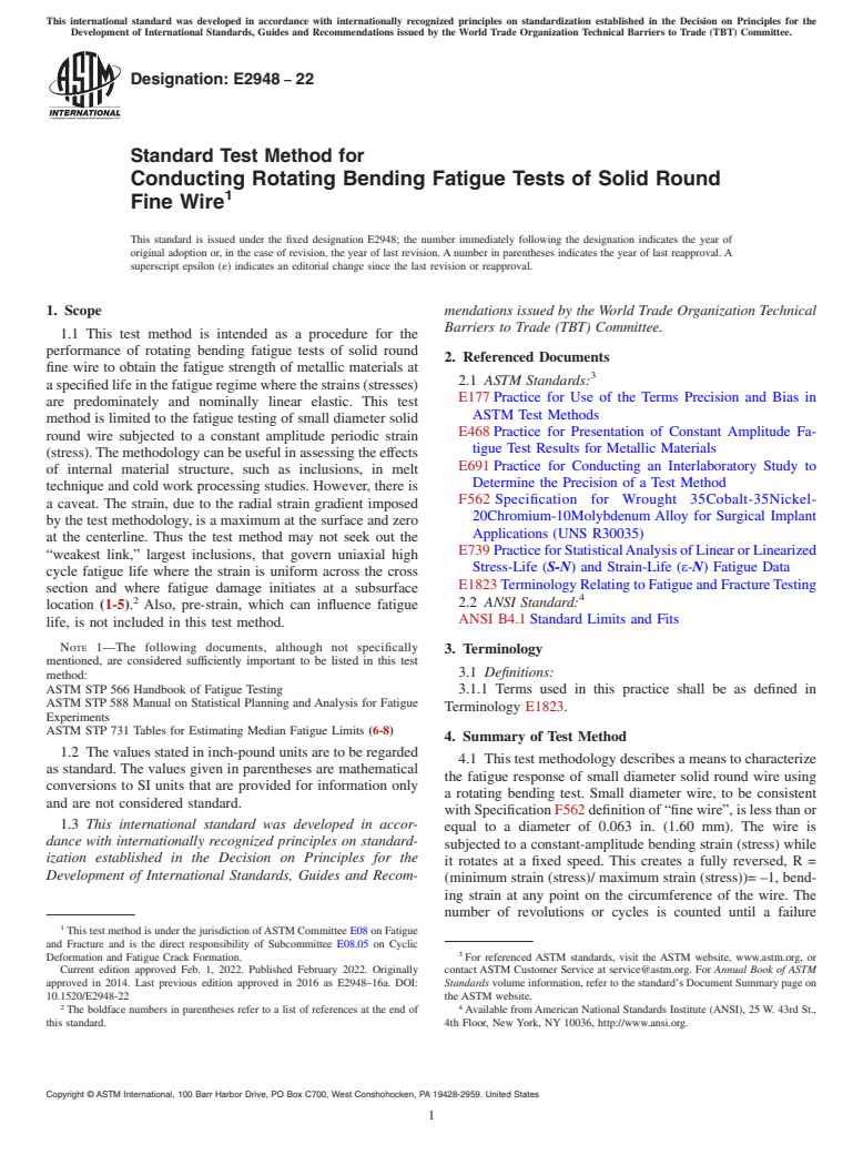 ASTM E2948-22 - Standard Test Method for Conducting Rotating Bending Fatigue Tests of Solid Round Fine  Wire