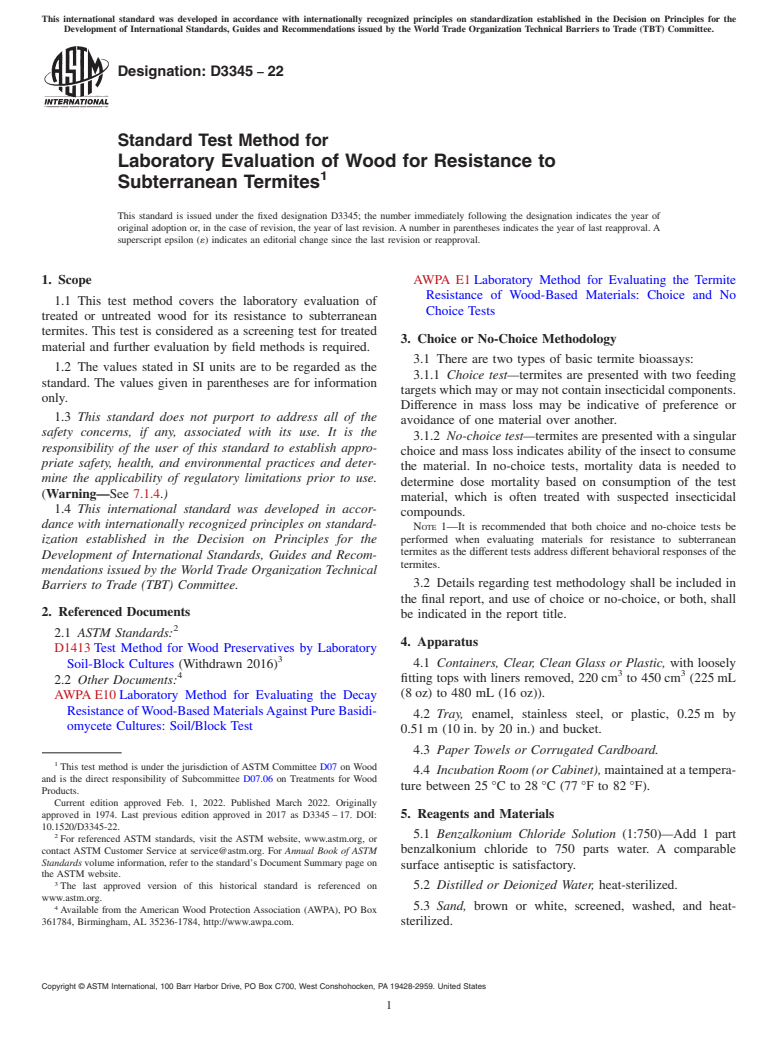 ASTM D3345-22 - Standard Test Method for  Laboratory Evaluation of Wood for Resistance to Subterranean  Termites