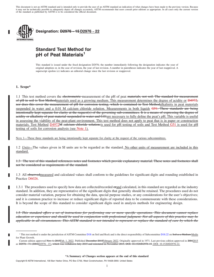 REDLINE ASTM D2976-22 - Standard Test Method for  pH of Peat Materials