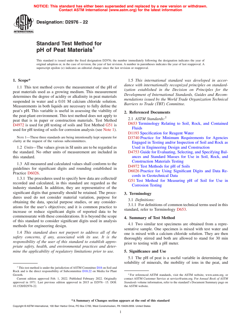 ASTM D2976-22 - Standard Test Method for  pH of Peat Materials