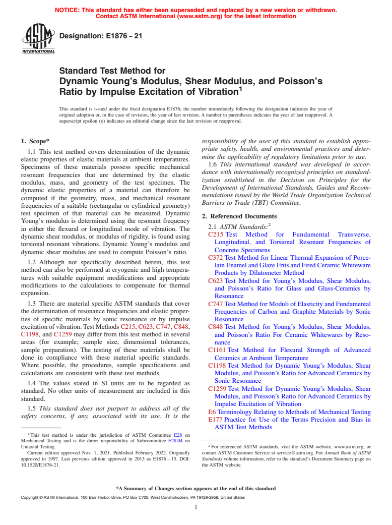 ASTM E1876-21 - Standard Test Method for  Dynamic Young's Modulus, Shear Modulus, and Poisson's Ratio  by Impulse Excitation of Vibration