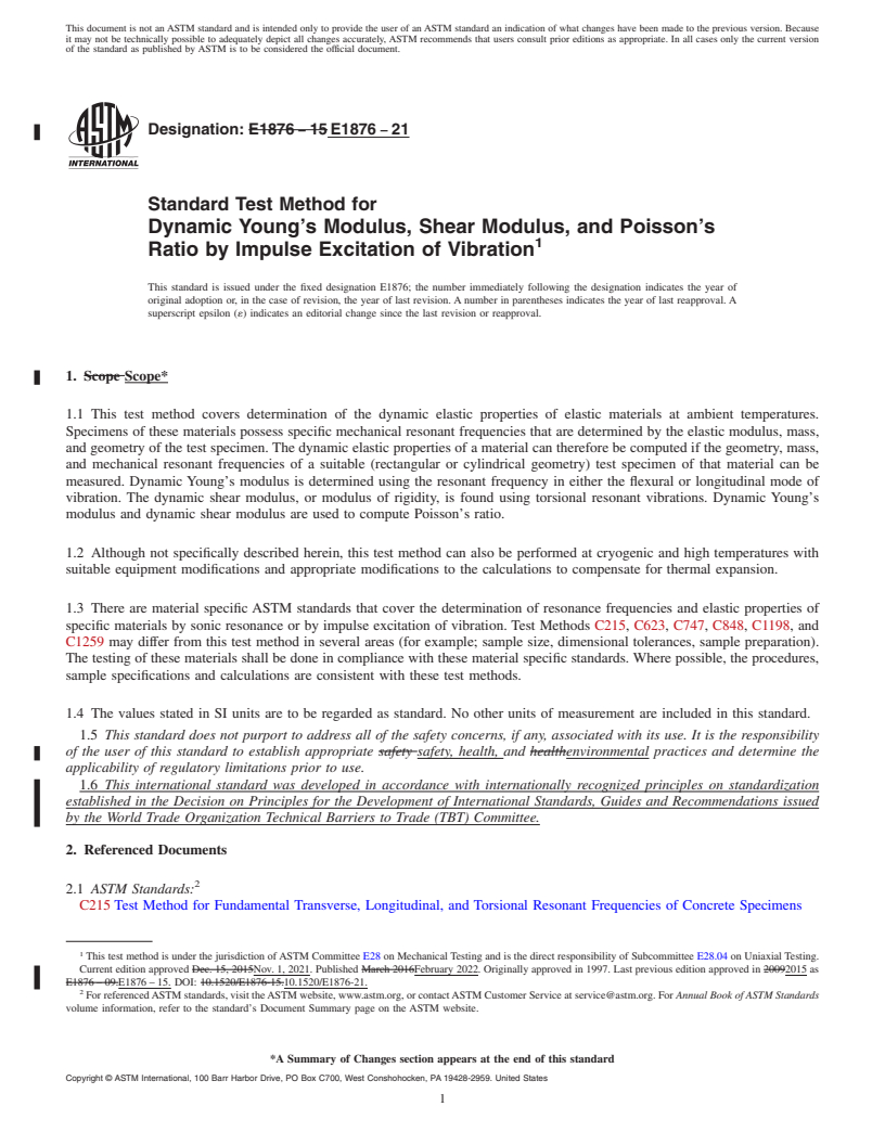 REDLINE ASTM E1876-21 - Standard Test Method for  Dynamic Young's Modulus, Shear Modulus, and Poisson's Ratio  by Impulse Excitation of Vibration