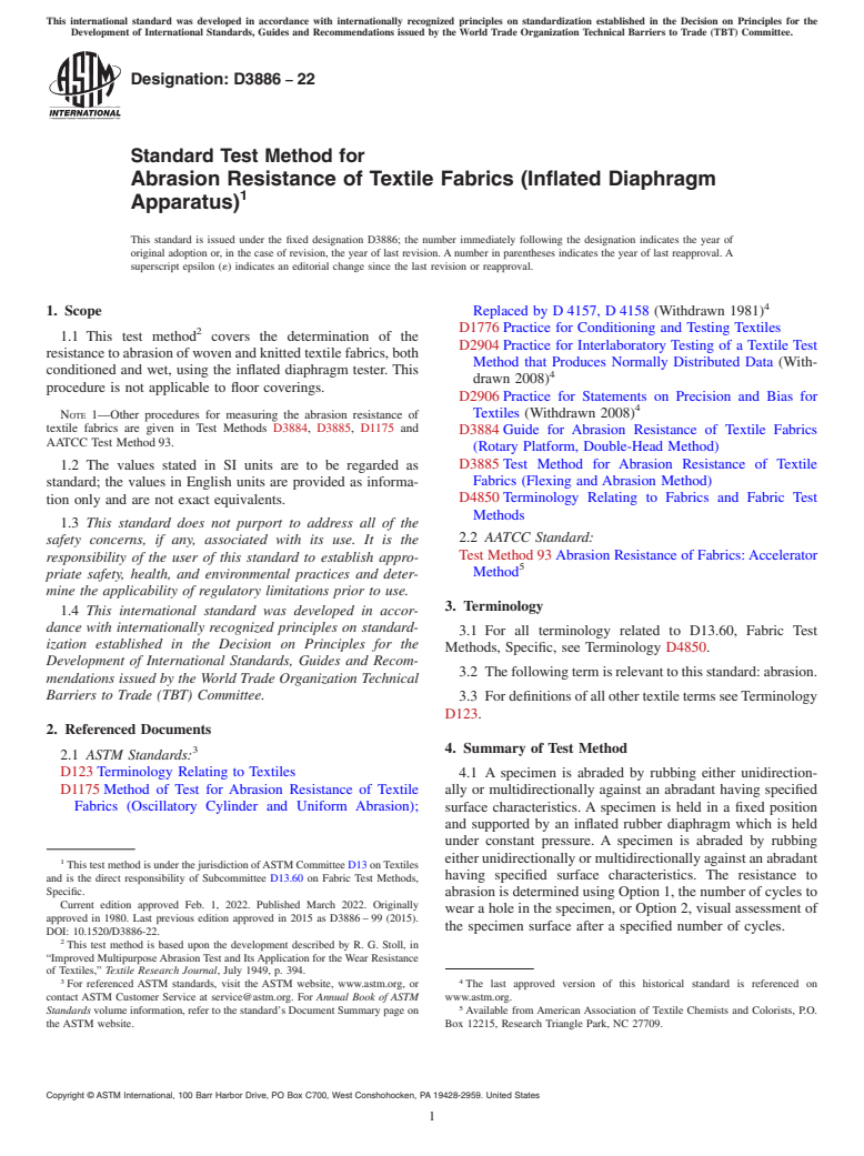 ASTM D3886-22 - Standard Test Method for  Abrasion Resistance of Textile Fabrics (Inflated Diaphragm  Apparatus)