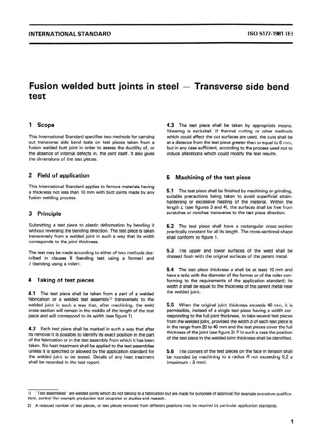 ISO 5177:1981 - Fusion welded butt joints in steel -- Transverse side bend test