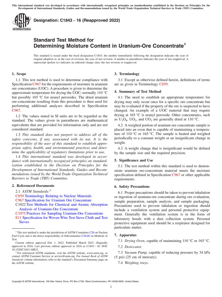 ASTM C1843-16(2022) - Standard Test Method for Determining Moisture Content in Uranium-Ore Concentrate