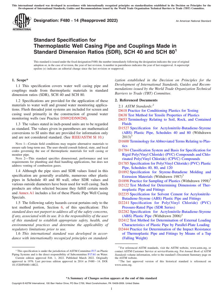 ASTM F480-14(2022) - Standard Specification for Thermoplastic Well Casing Pipe and Couplings Made in Standard  Dimension Ratios (SDR), SCH 40 and SCH 80