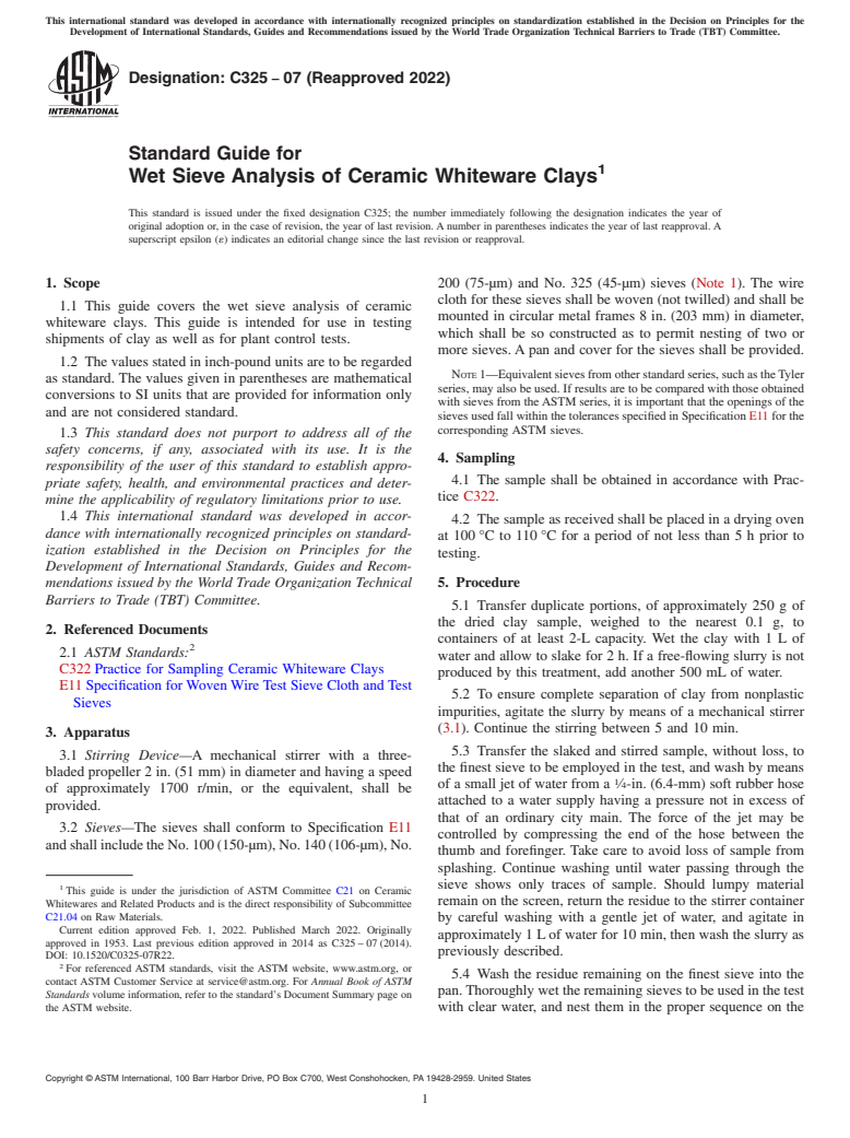 ASTM C325-07(2022) - Standard Guide for  Wet Sieve Analysis of Ceramic Whiteware Clays