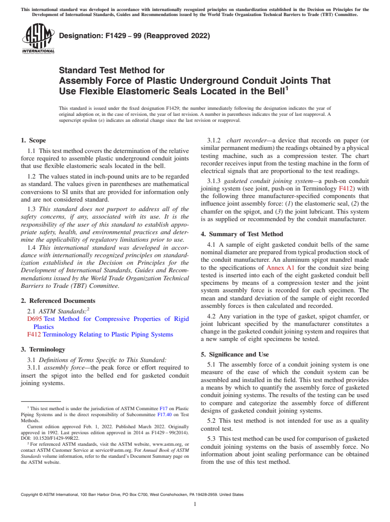 ASTM F1429-99(2022) - Standard Test Method for  Assembly Force of Plastic Underground Conduit Joints That Use  Flexible Elastomeric Seals Located in the Bell