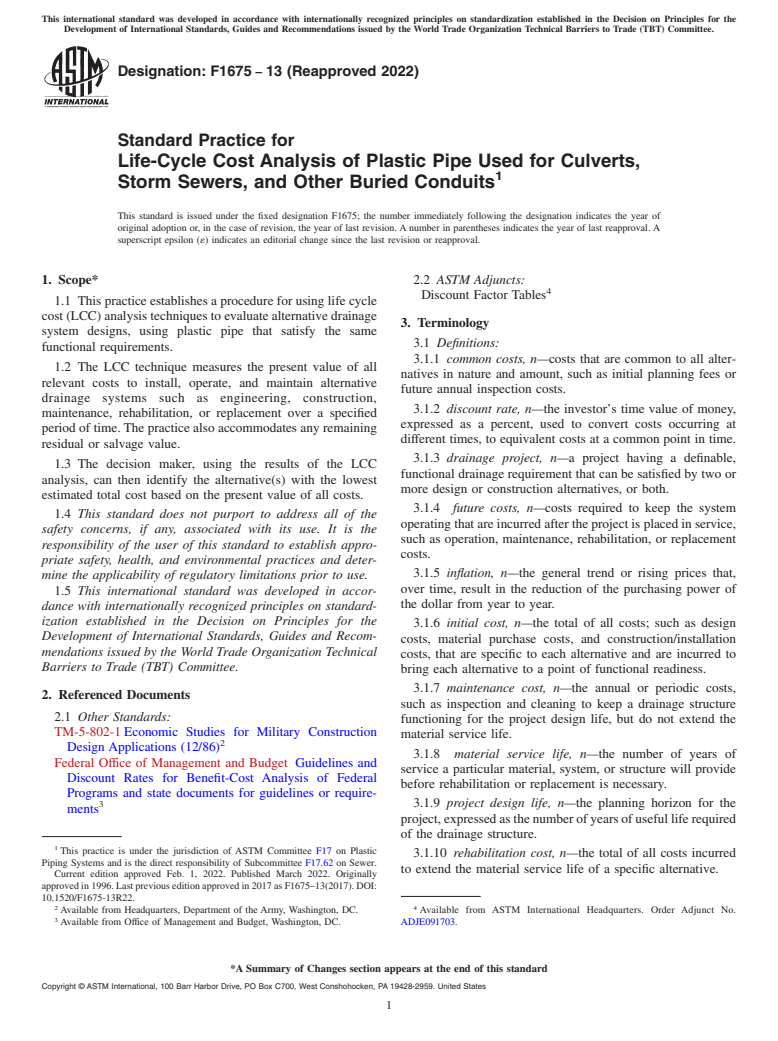 ASTM F1675-13(2022) - Standard Practice for  Life-Cycle Cost Analysis of Plastic Pipe Used for Culverts,  Storm Sewers, and Other Buried Conduits