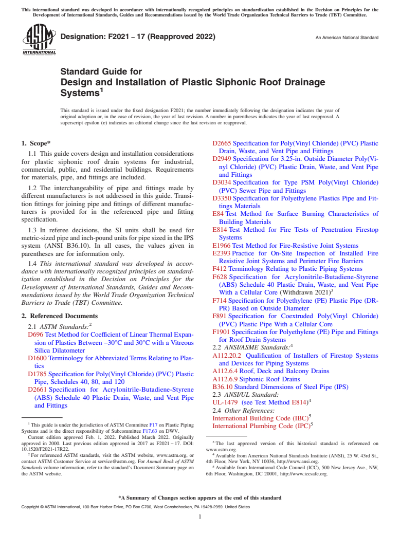 ASTM F2021-17(2022) - Standard Guide for  Design and Installation of Plastic Siphonic Roof Drainage Systems