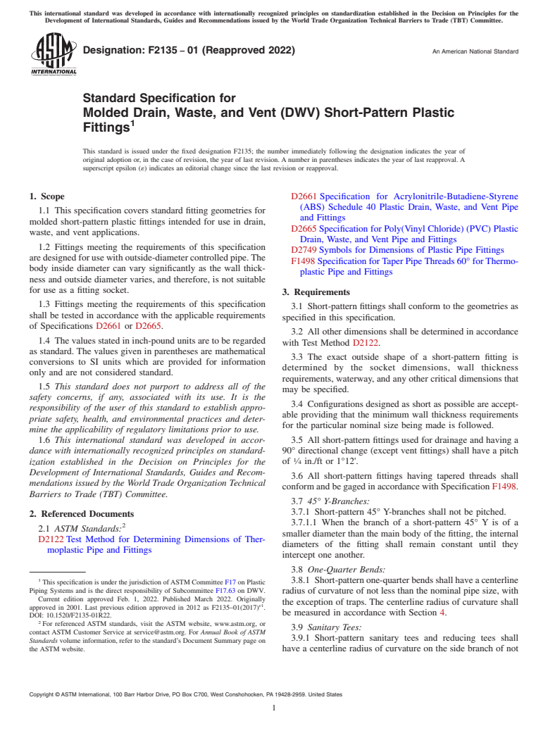 ASTM F2135-01(2022) - Standard Specification for Molded Drain, Waste, and Vent (DWV) Short-Pattern Plastic Fittings