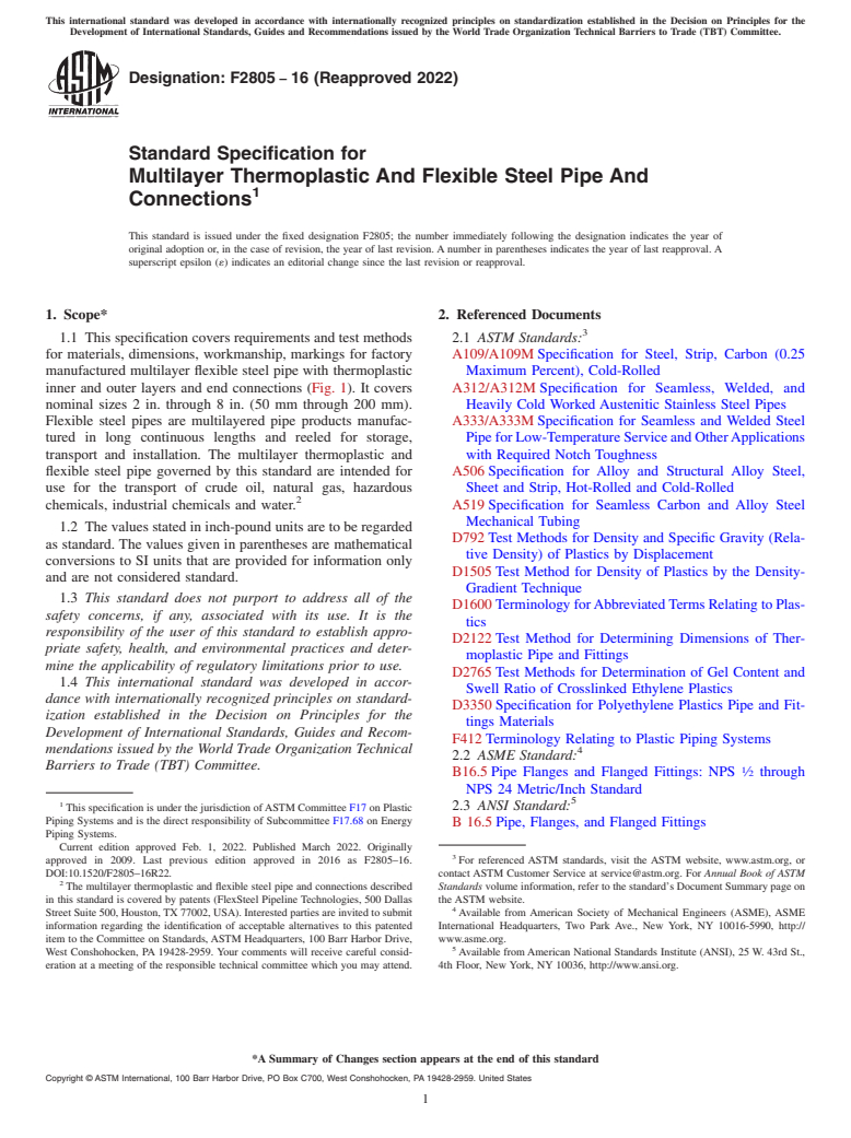 ASTM F2805-16(2022) - Standard Specification for Multilayer Thermoplastic And Flexible Steel Pipe And Connections