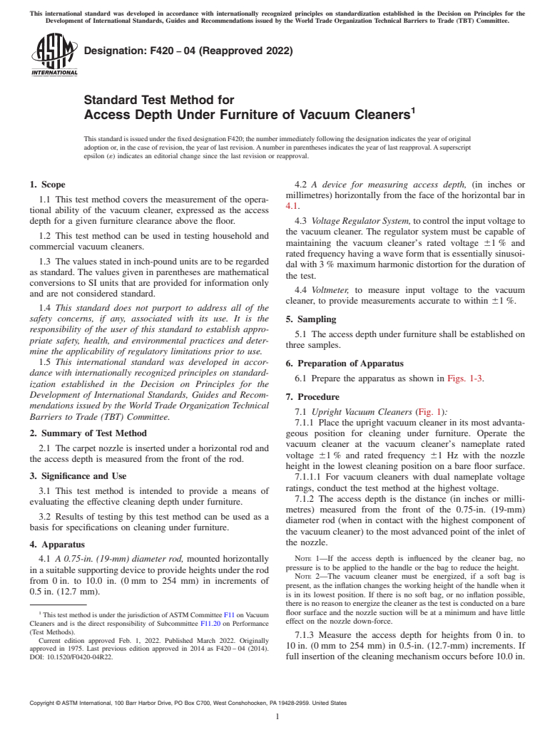 ASTM F420-04(2022) - Standard Test Method for  Access Depth Under Furniture of Vacuum Cleaners