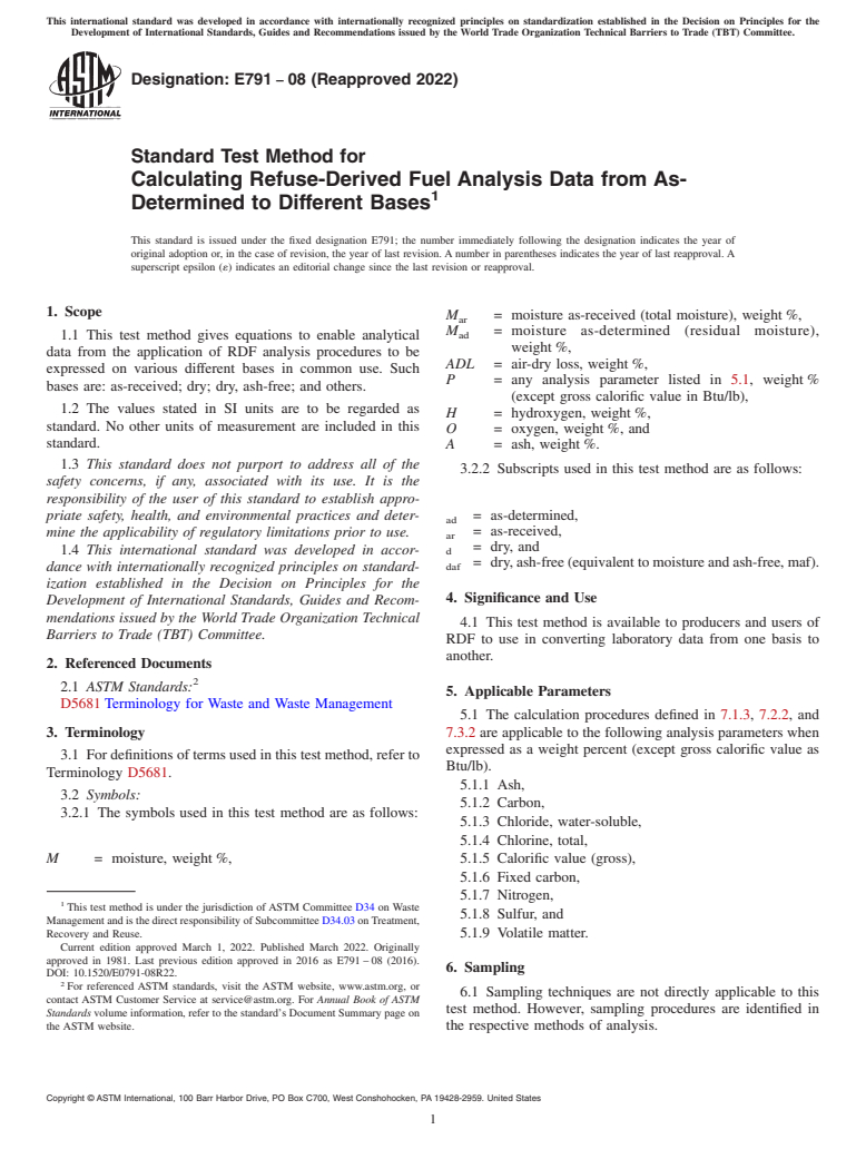 ASTM E791-08(2022) - Standard Test Method for  Calculating Refuse-Derived Fuel Analysis Data from As-Determined  to Different Bases