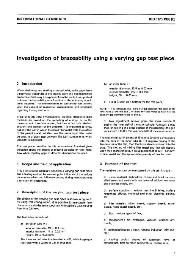ISO 5179:1983 - Investigation of brazeability using a varying gap test piece
