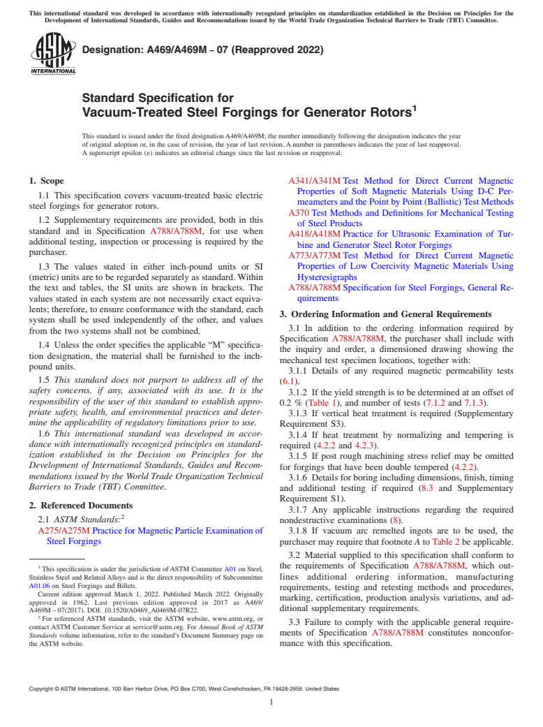 ASTM A469/A469M-07(2022) - Standard Specification for Vacuum-Treated Steel Forgings for Generator Rotors