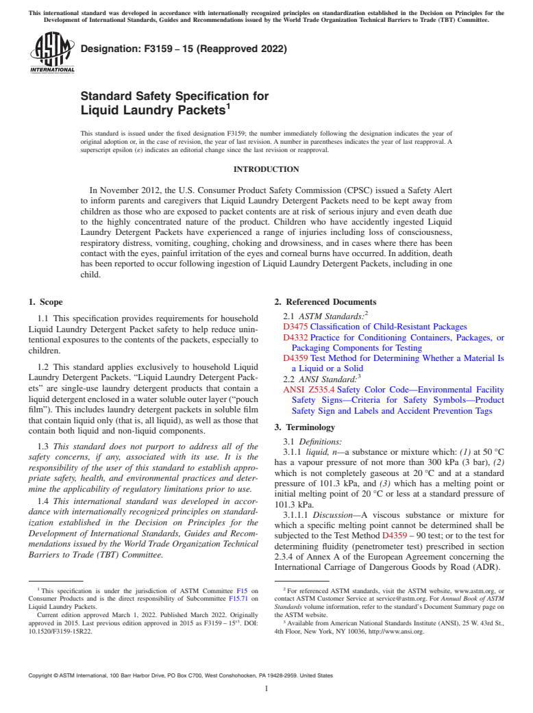 ASTM F3159-15(2022) - Standard Safety Specification for Liquid Laundry Packets