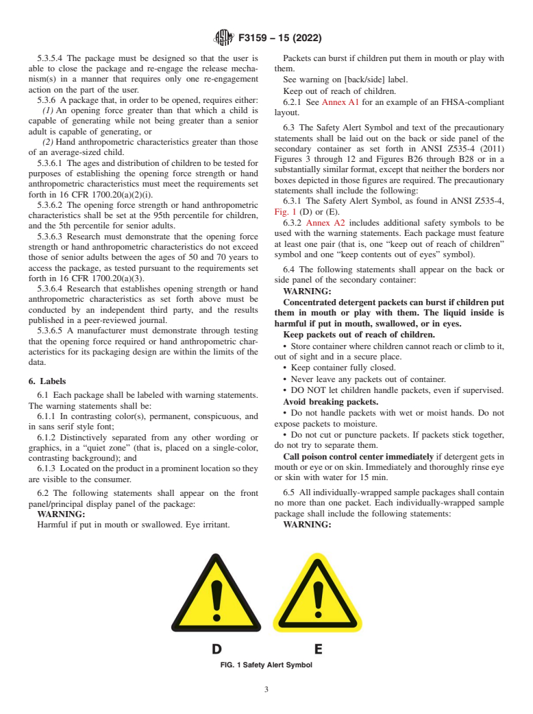 ASTM F3159-15(2022) - Standard Safety Specification for Liquid Laundry Packets