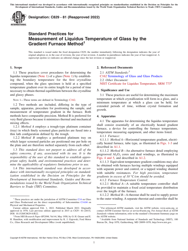 ASTM C829-81(2022) - Standard Practices for  Measurement of Liquidus Temperature of Glass by the Gradient   Furnace Method