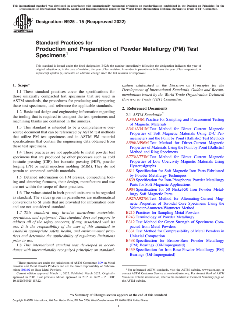 ASTM B925-15(2022) - Standard Practices for  Production and Preparation of Powder Metallurgy (PM) Test Specimens