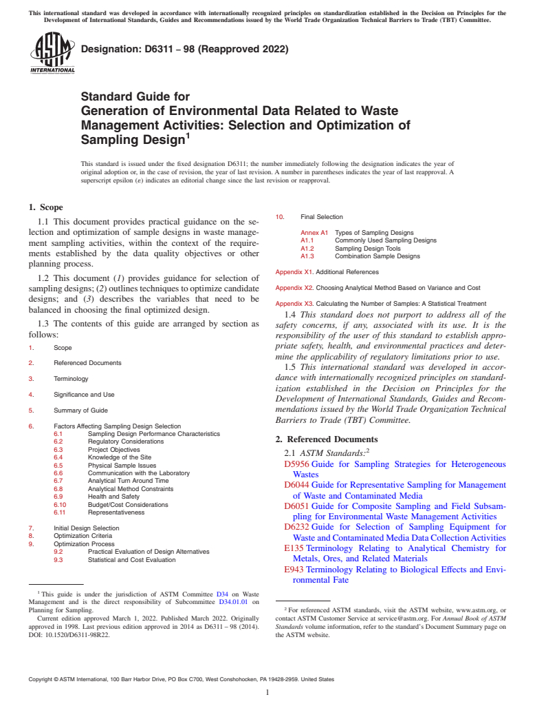 ASTM D6311-98(2022) - Standard Guide for  Generation of Environmental Data Related to Waste Management  Activities: Selection and Optimization of Sampling Design