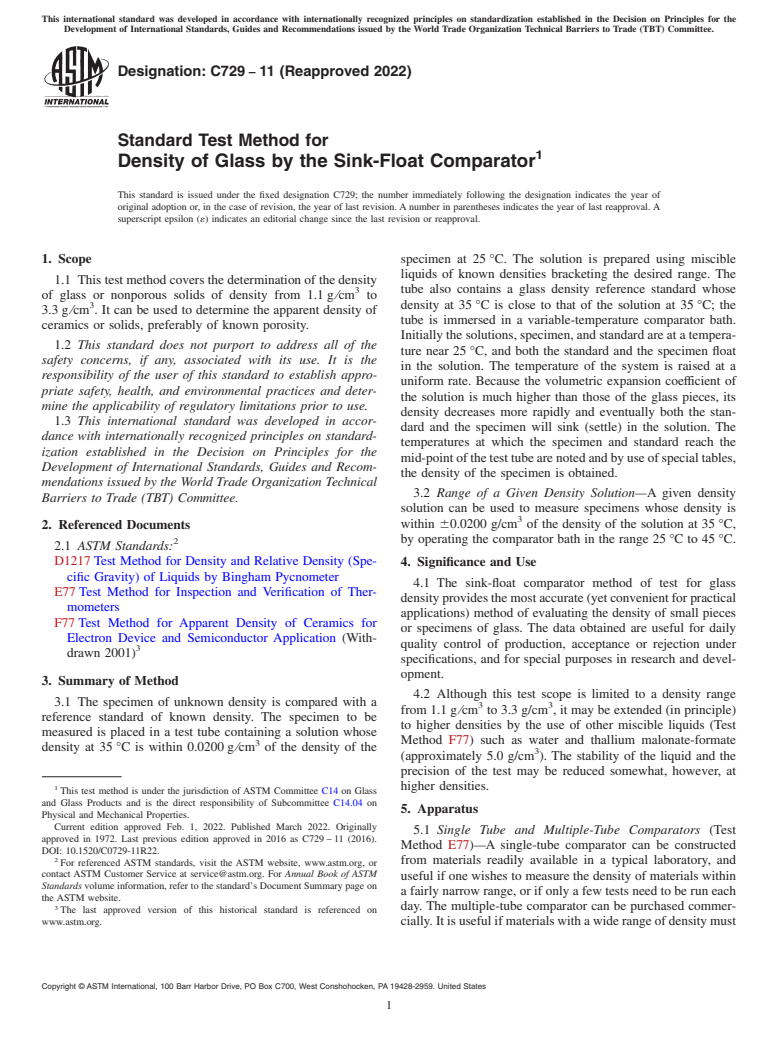 ASTM C729-11(2022) - Standard Test Method for  Density of Glass by the Sink-Float Comparator