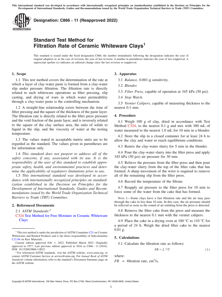 ASTM C866-11(2022) - Standard Test Method for  Filtration Rate of Ceramic Whiteware Clays