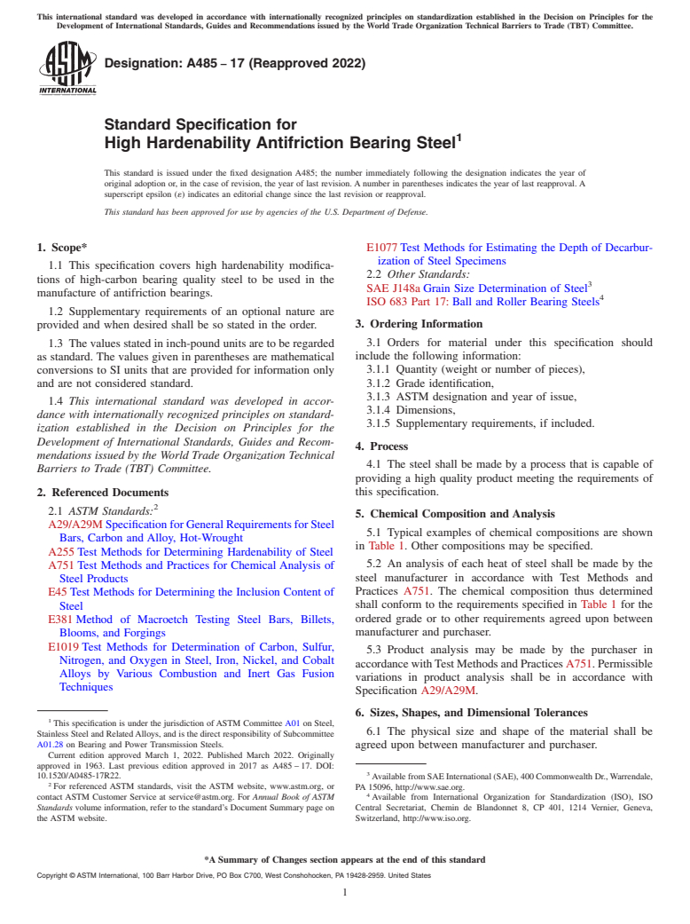 ASTM A485-17(2022) - Standard Specification for High Hardenability Antifriction Bearing Steel