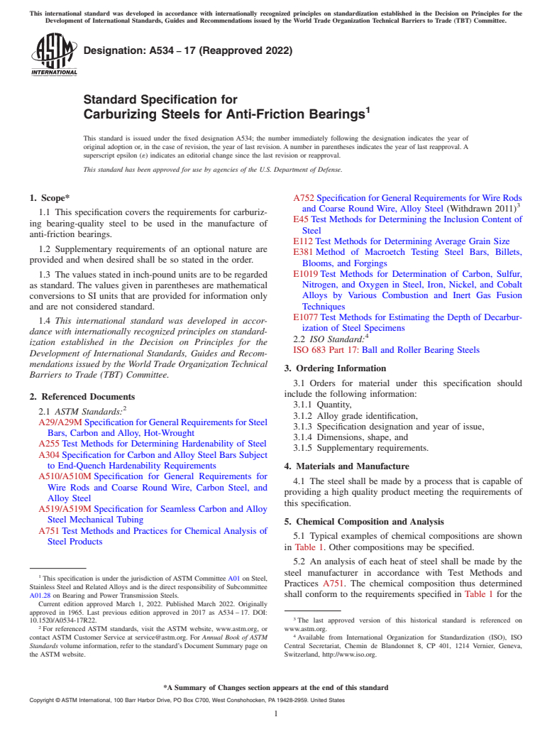 ASTM A534-17(2022) - Standard Specification for Carburizing Steels for Anti-Friction Bearings