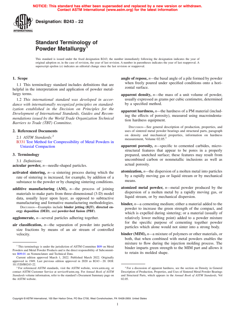 ASTM B243-22 - Standard Terminology of  Powder Metallurgy