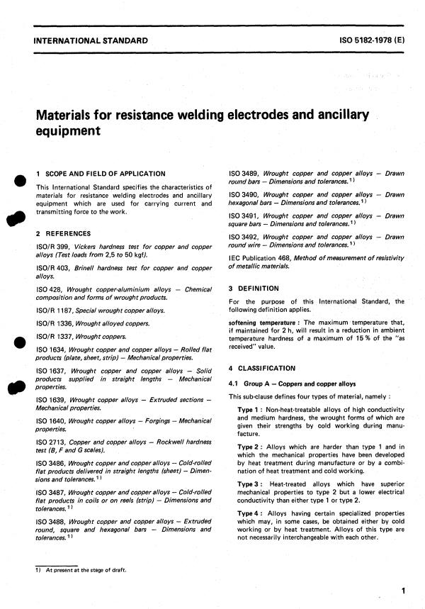 ISO 5182:1978 - Materials for resistance welding electrodes and ancillary equipment