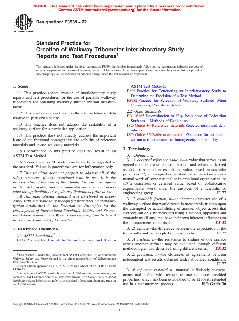 ASTM F3539-22 - Standard Practice for Creation of Walkway Tribometer Interlaboratory Study Reports  and Test Procedures