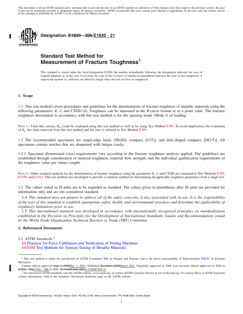 REDLINE ASTM E1820-21 - Standard Test Method for  Measurement of Fracture Toughness