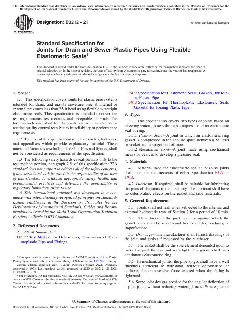 ASTM D3212-21 - Standard Specification for Joints for Drain and Sewer Plastic Pipes Using Flexible Elastomeric  Seals