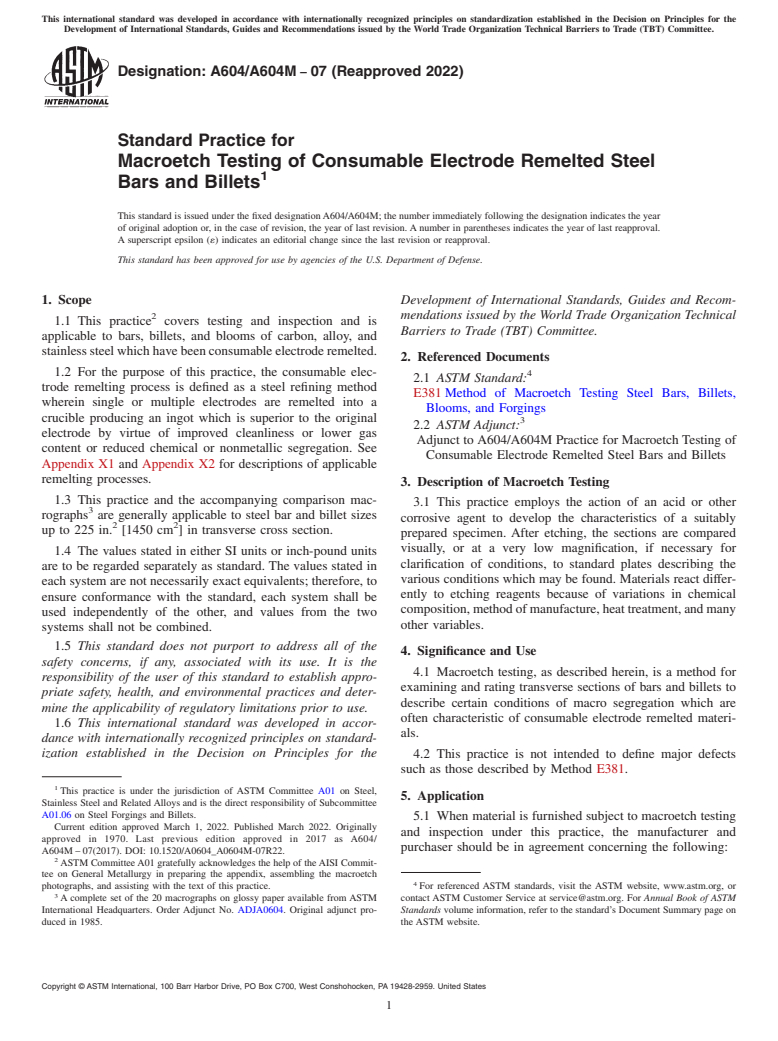 ASTM A604/A604M-07(2022) - Standard Practice for Macroetch Testing of Consumable Electrode Remelted Steel Bars  and Billets