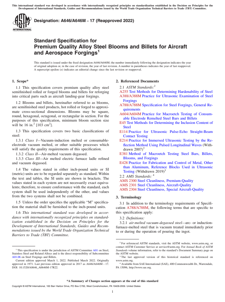 ASTM A646/A646M-17(2022) - Standard Specification for Premium Quality Alloy Steel Blooms and Billets for Aircraft  and Aerospace Forgings