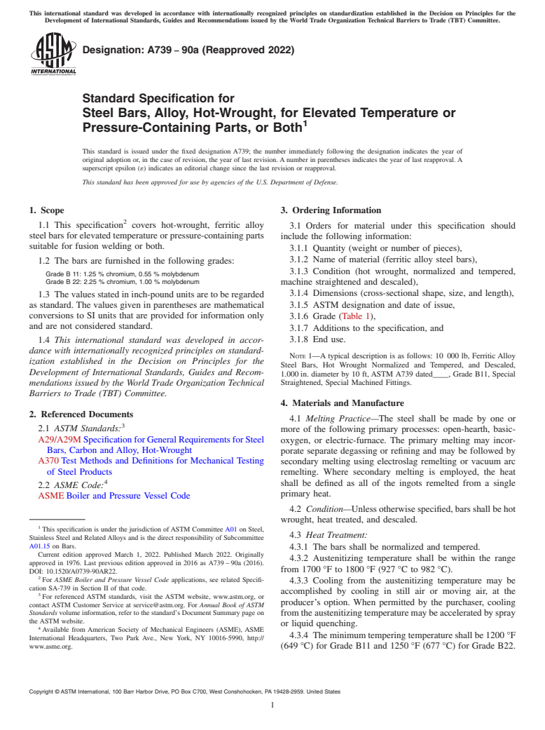 ASTM A739-90a(2022) - Standard Specification for Steel Bars, Alloy, Hot-Wrought, for Elevated Temperature or   Pressure-Containing Parts, or Both