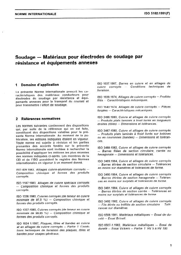 ISO 5182:1991 - Soudage -- Matériaux pour électrodes de soudage par résistance et équipements annexes