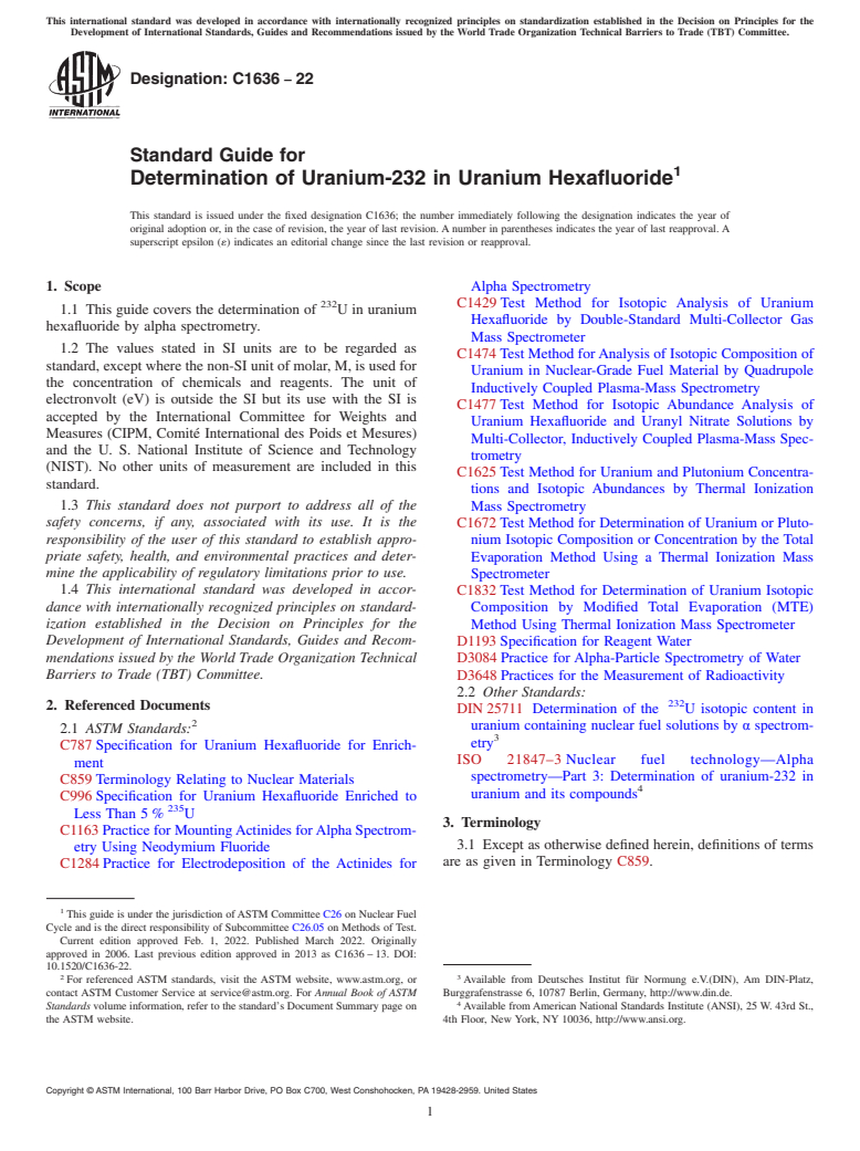ASTM C1636-22 - Standard Guide for Determination of Uranium-232 in Uranium Hexafluoride
