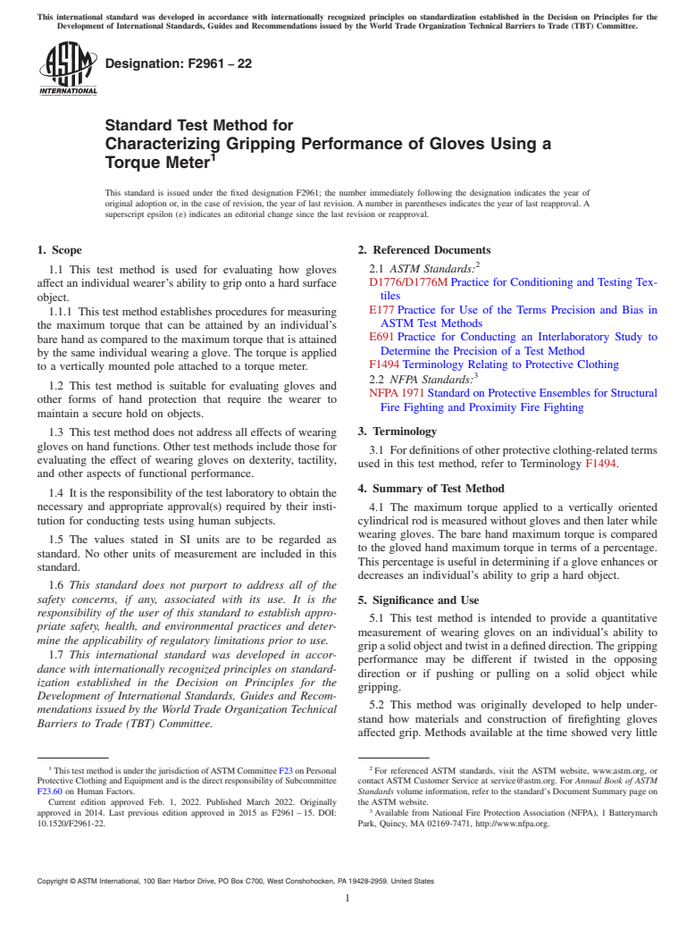 ASTM F2961-22 - Standard Test Method for Characterizing Gripping Performance of Gloves Using a Torque  Meter